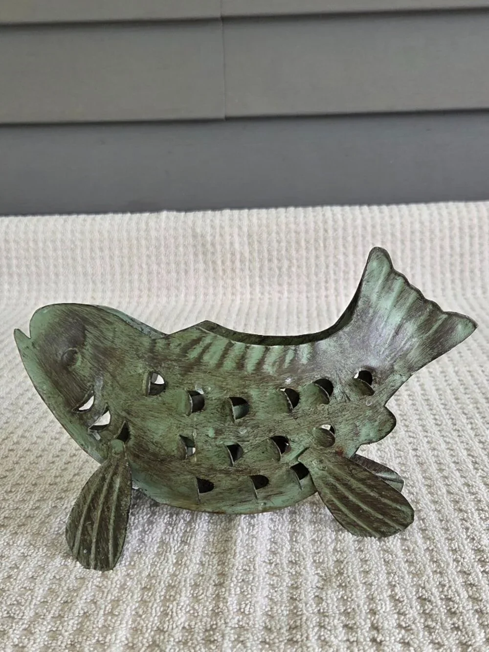 Metal Fish Tea Light Candle Holder Green Rustic Steel Sculpture 9” Cabin